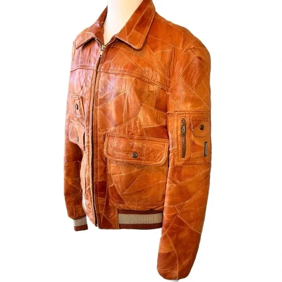 Vintage Casablanca Patchwork Zig Zag Stitch Leather Bomber Jacket